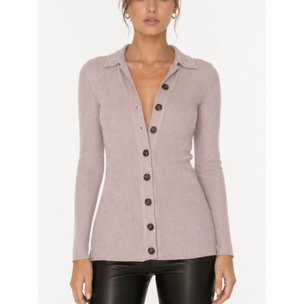 Enza Costa Viscose Rib Tunic Cardigan Womens XS Oatmeal Minimalist Stretch Layer